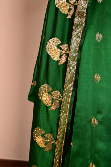 Emerald Green Katan Silk Handcrafted Saree