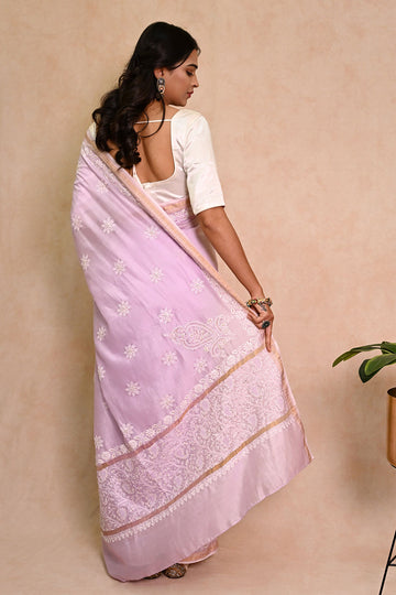 Lavender Chanderi Chikankari Saree with Zari Border