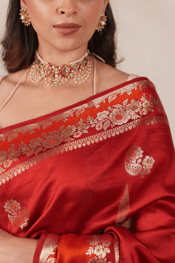 Brick Red Silk Banarasi Saree