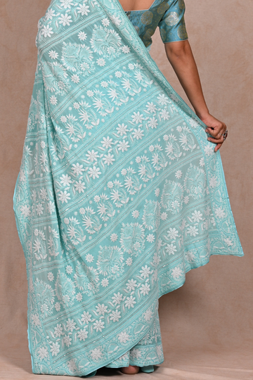 Sea Blue Georgette Chikankari saree