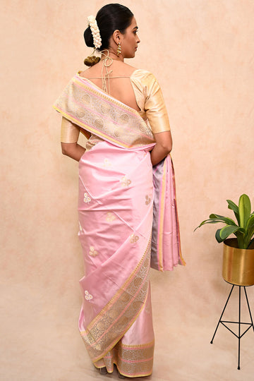 Handwoven Blush Pink Mushru Satin Silk Saree with Rupa-Sona Zari & Floral Border