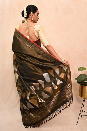 Designer Katan Silk Saree with Copper-Silver Zari Border