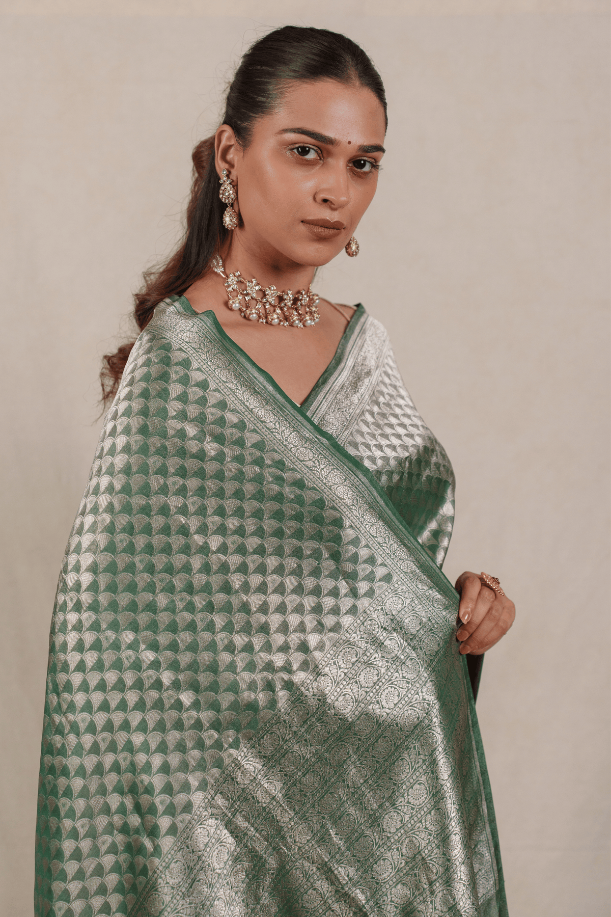 Emerald Green Tissue Georgette Banarasi Saree