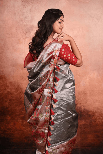 Metallic Grey Tissue Kora Silk Banarasi Saree