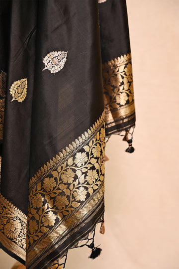 Black Katan Silk Banarasi Dupatta with Floral Border