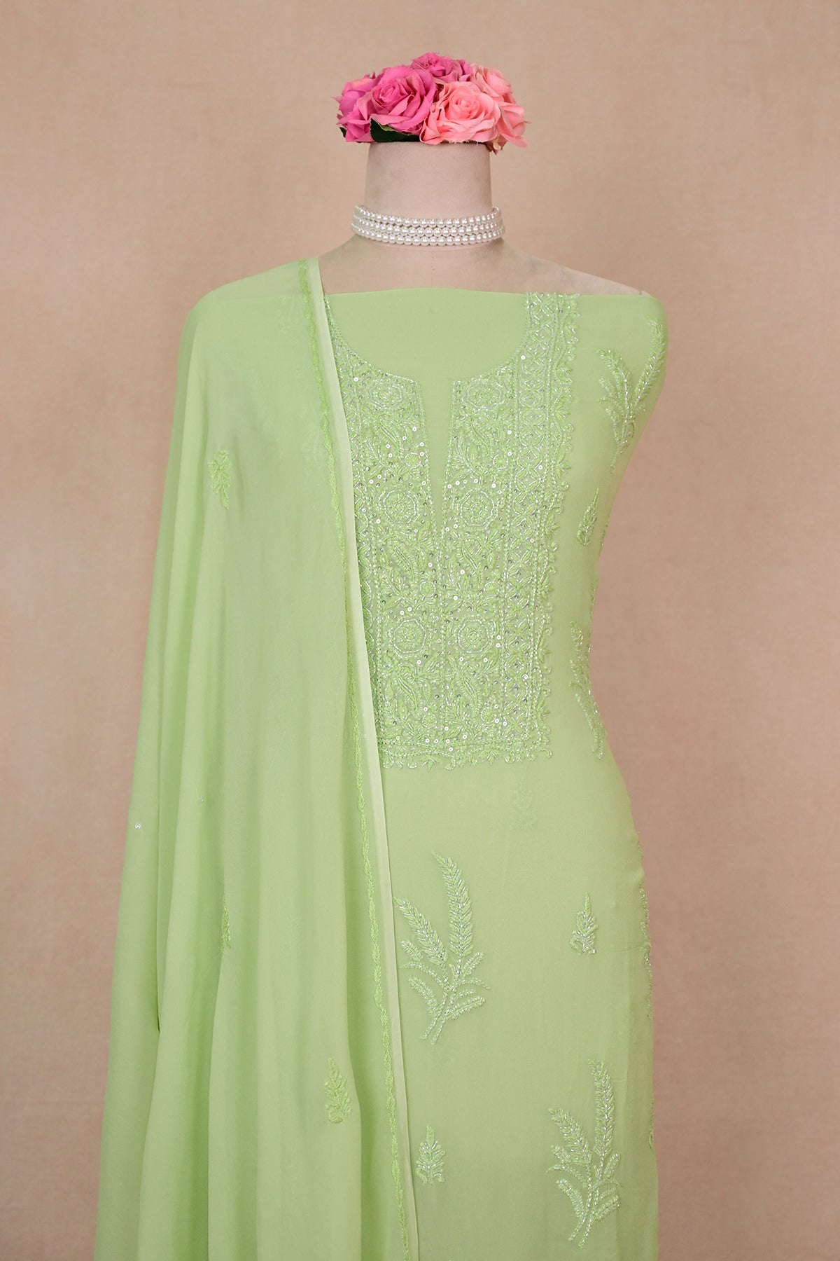 Light Green Viscose Georgette Chikankari Suit