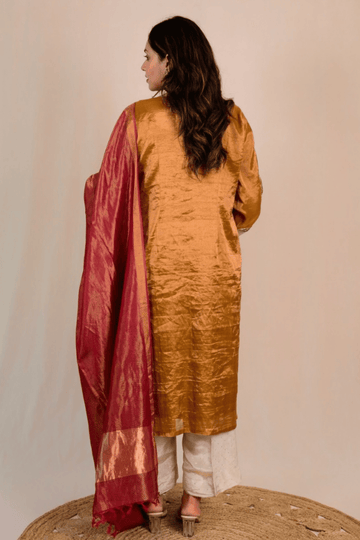 Yellow Ochre Tissue Silk Zardozi Suit