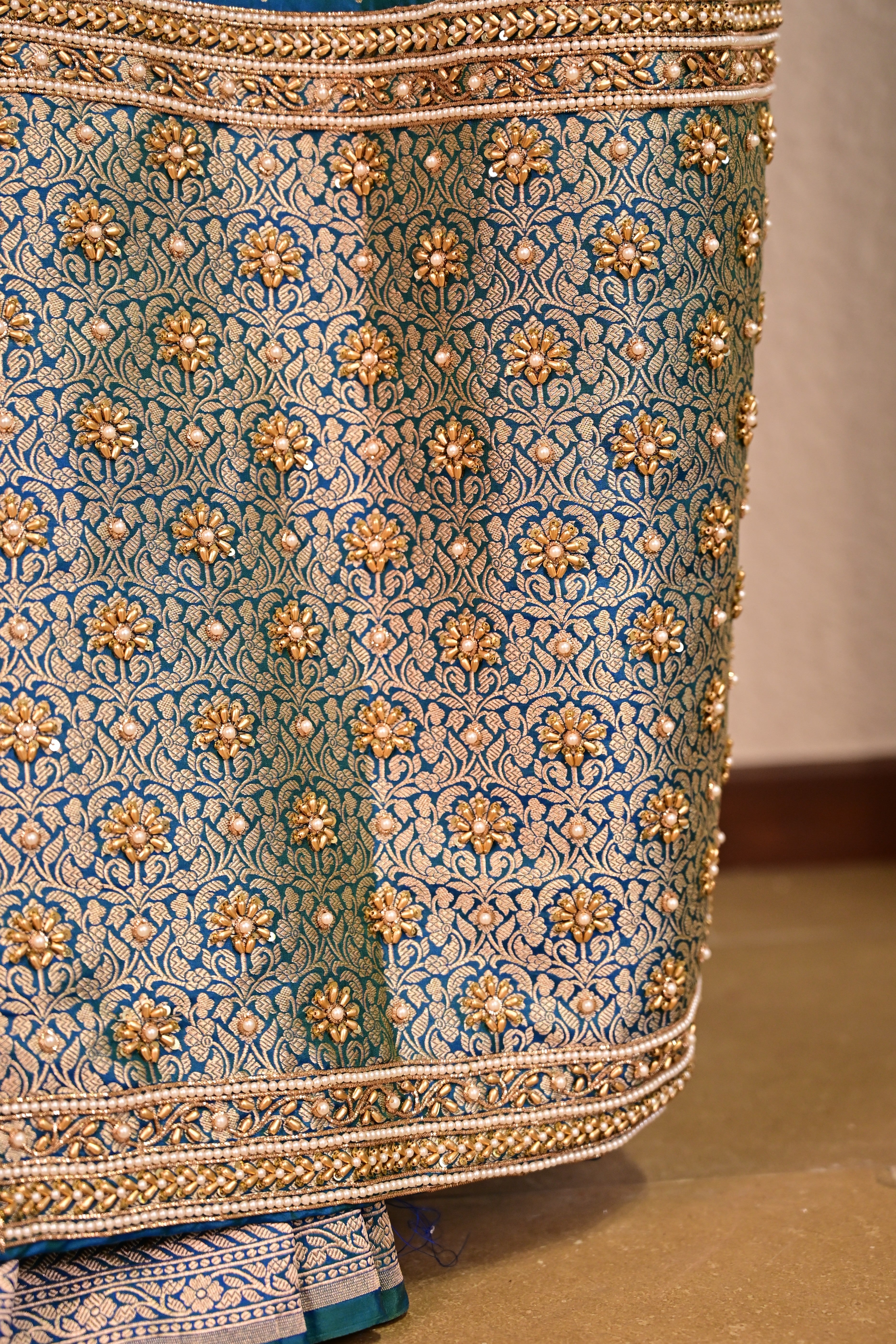 Peacock Blue Katan Silk Handcrafted Saree