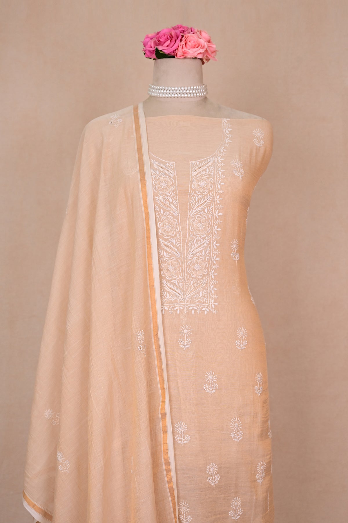 Beige Tissue Chanderi Chikankari Suit