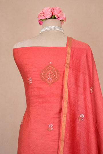 Coral Red Moonga Silk Chikankari Suit