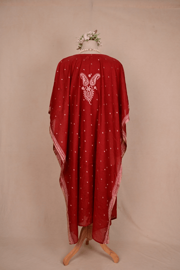 Brick Red Banarasi Chanderi Chikankari Kaftan