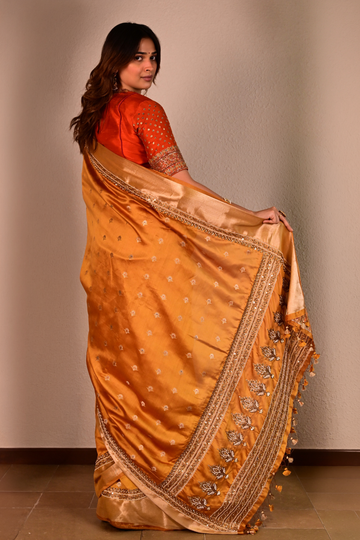 Mustard Yellow Katan Silk Handcrafted Saree