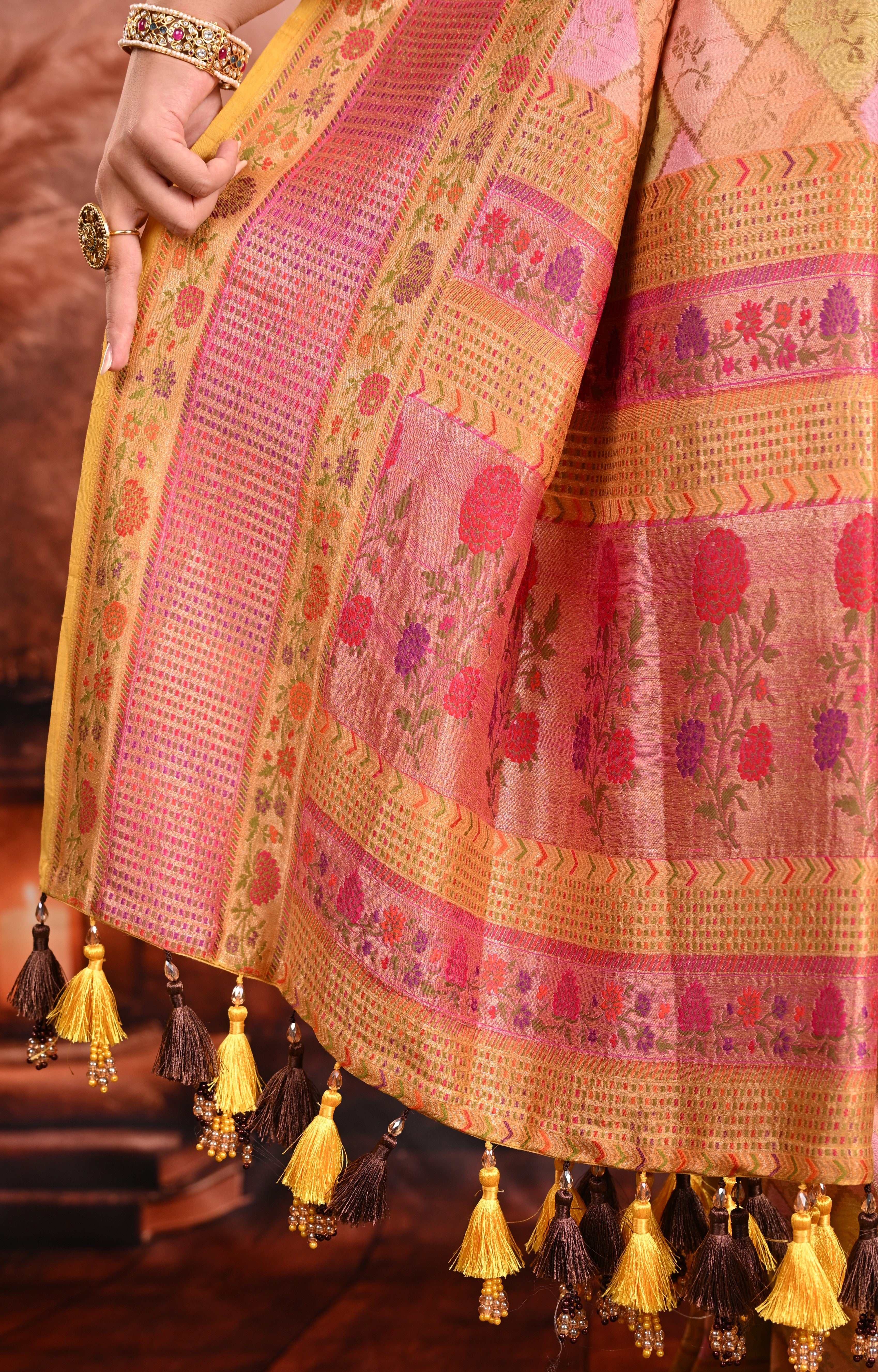 Yellow Tussar Georgette Banarasi Saree