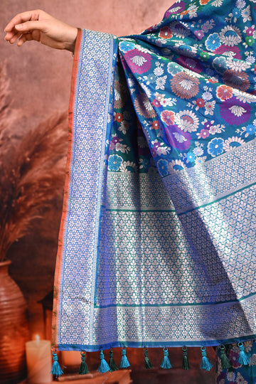 Peacock Blue Katan Silk Banarasi Saree