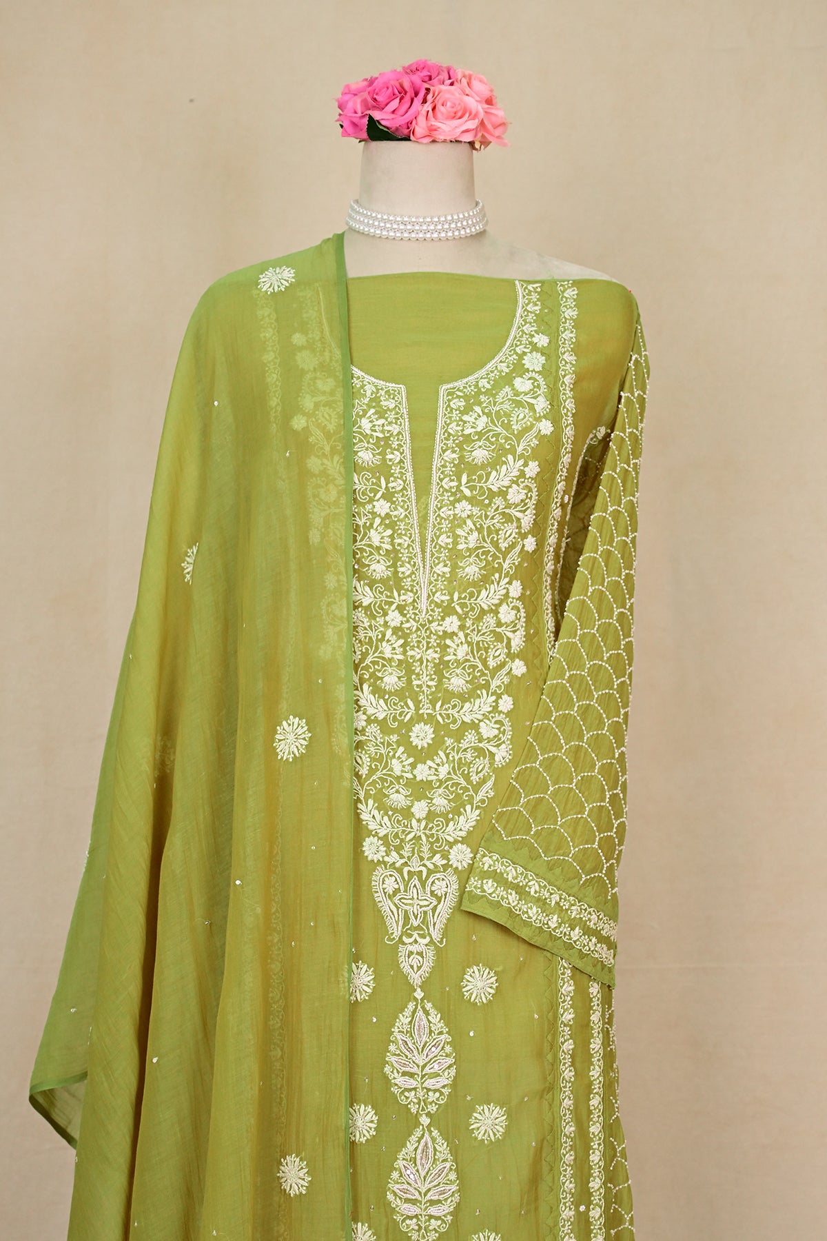 Olive Chanderi Chikankari Suit