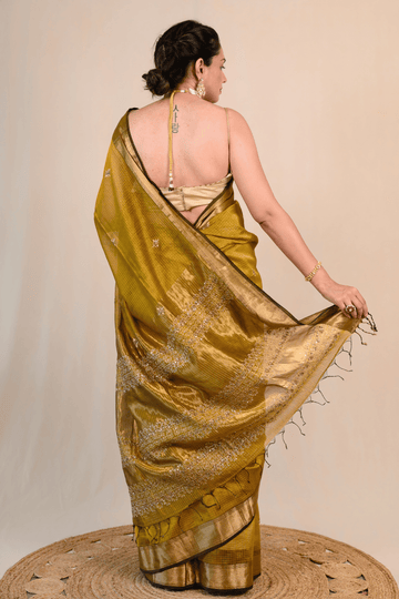 Warm Ochre Maheshwari Silk Zardozi Saree