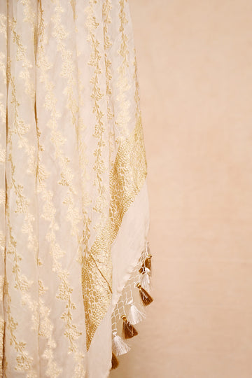 Off White Khaddi Georgette Banarasi Dupatta with Floral Stripes