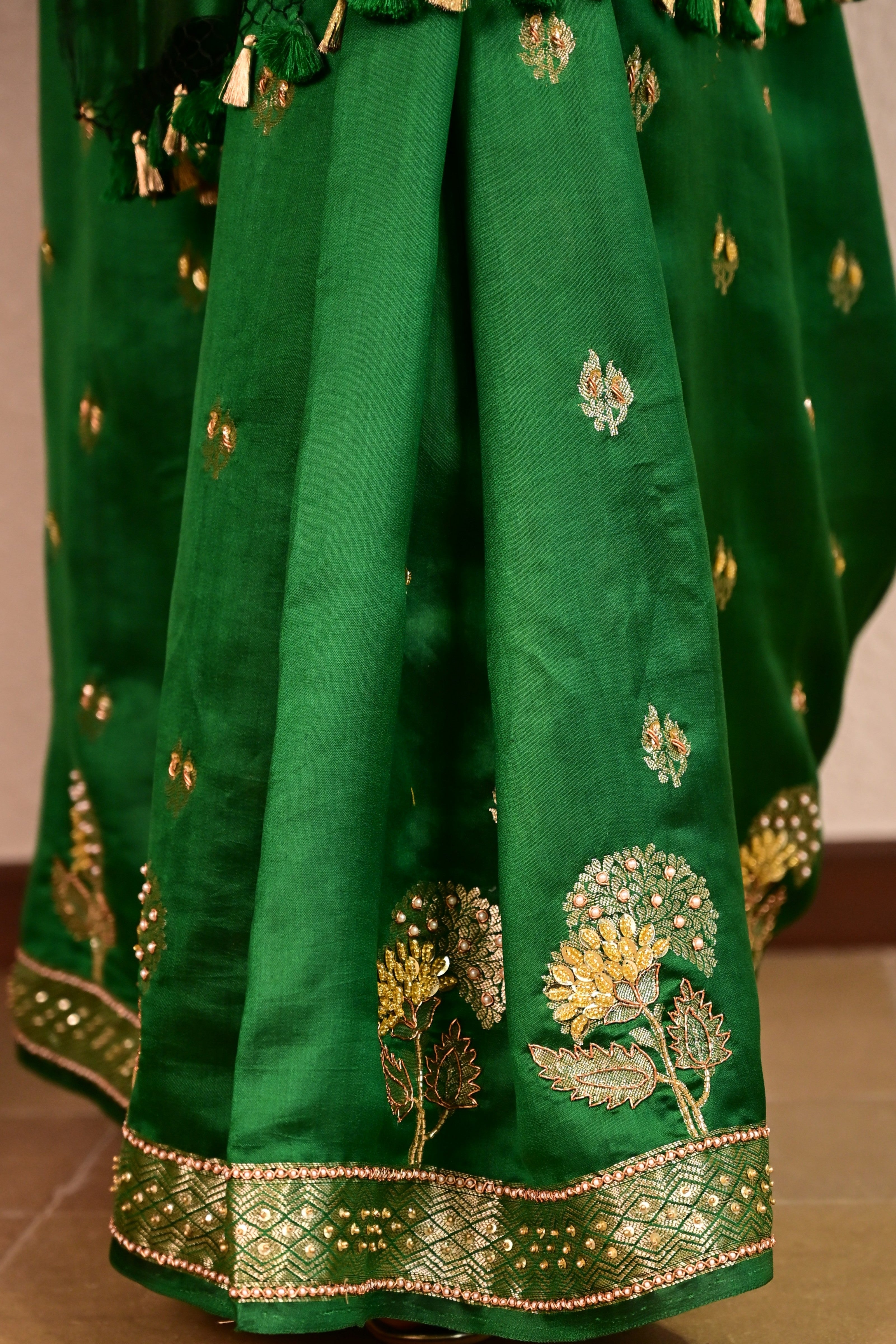 Emerald Green Katan Silk Handcrafted Saree