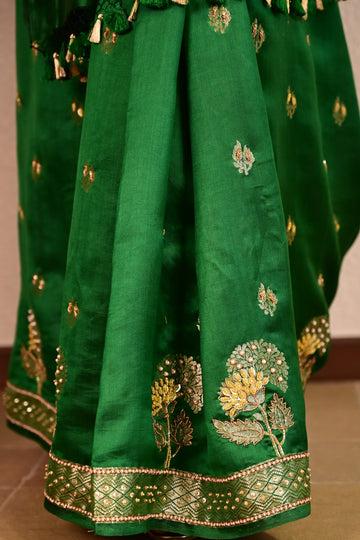 Emerald Green Katan Silk Handcrafted Saree