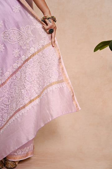 Lavender Chanderi Chikankari Saree with Zari Border