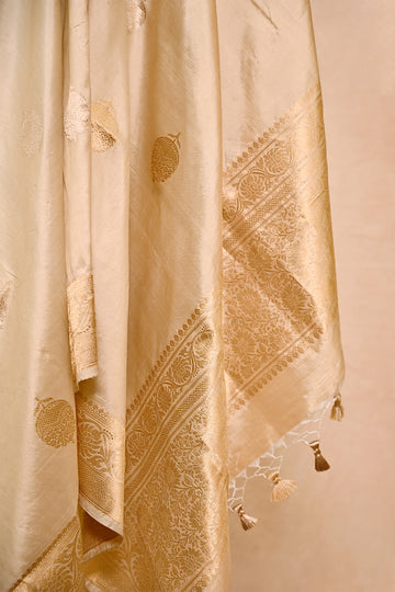 Beige Katan Silk Banarasi Dupatta with Banarasi Motifs