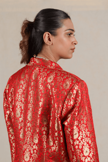 Crimson Red Brocade Silk Banarasi Jacket