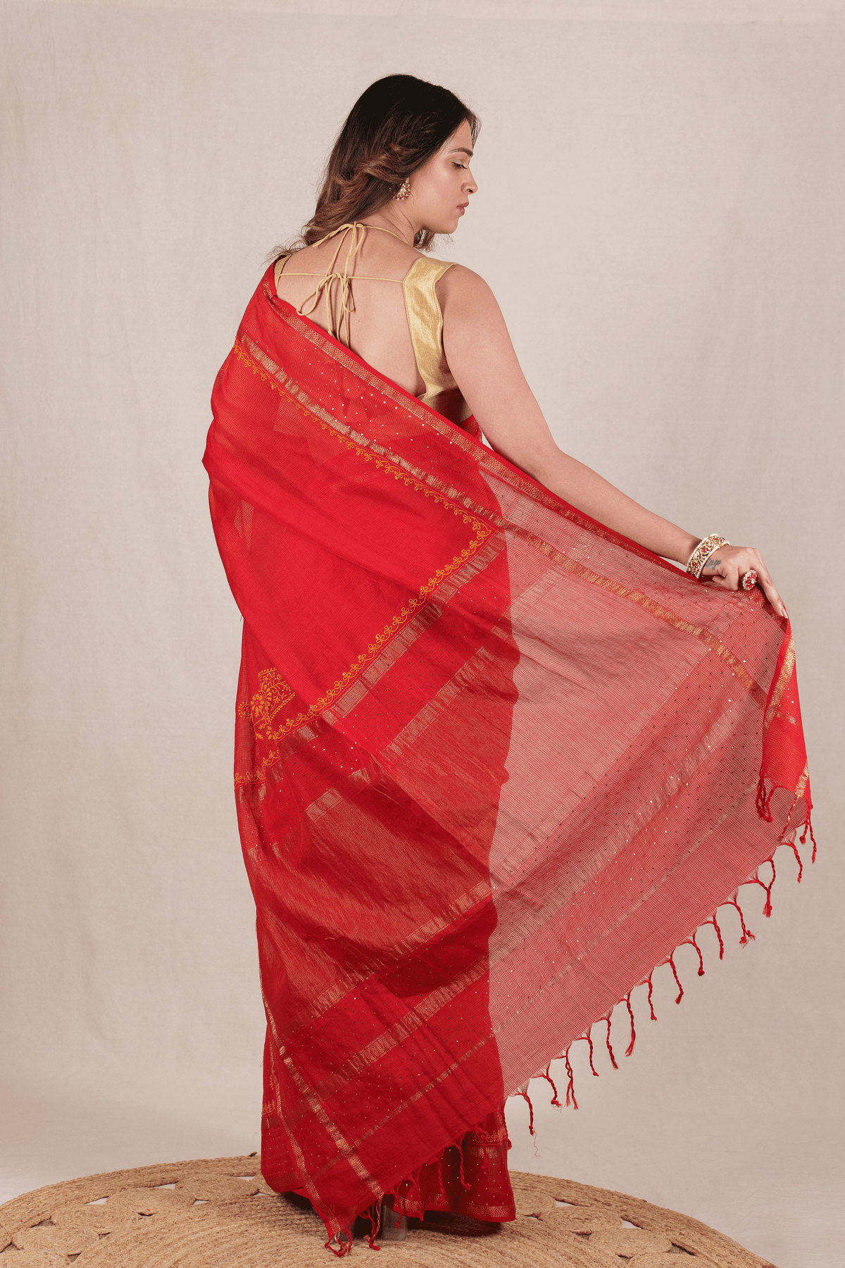 Vermilion Red Maheshwari Silk Chikankari Saree