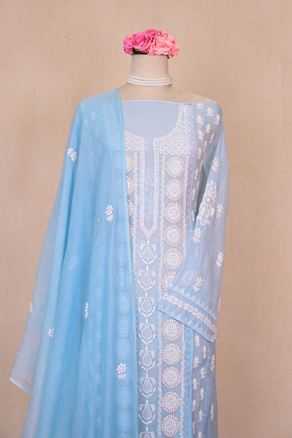 Steel Blue Ombre  Chanderi Chikankari Suit