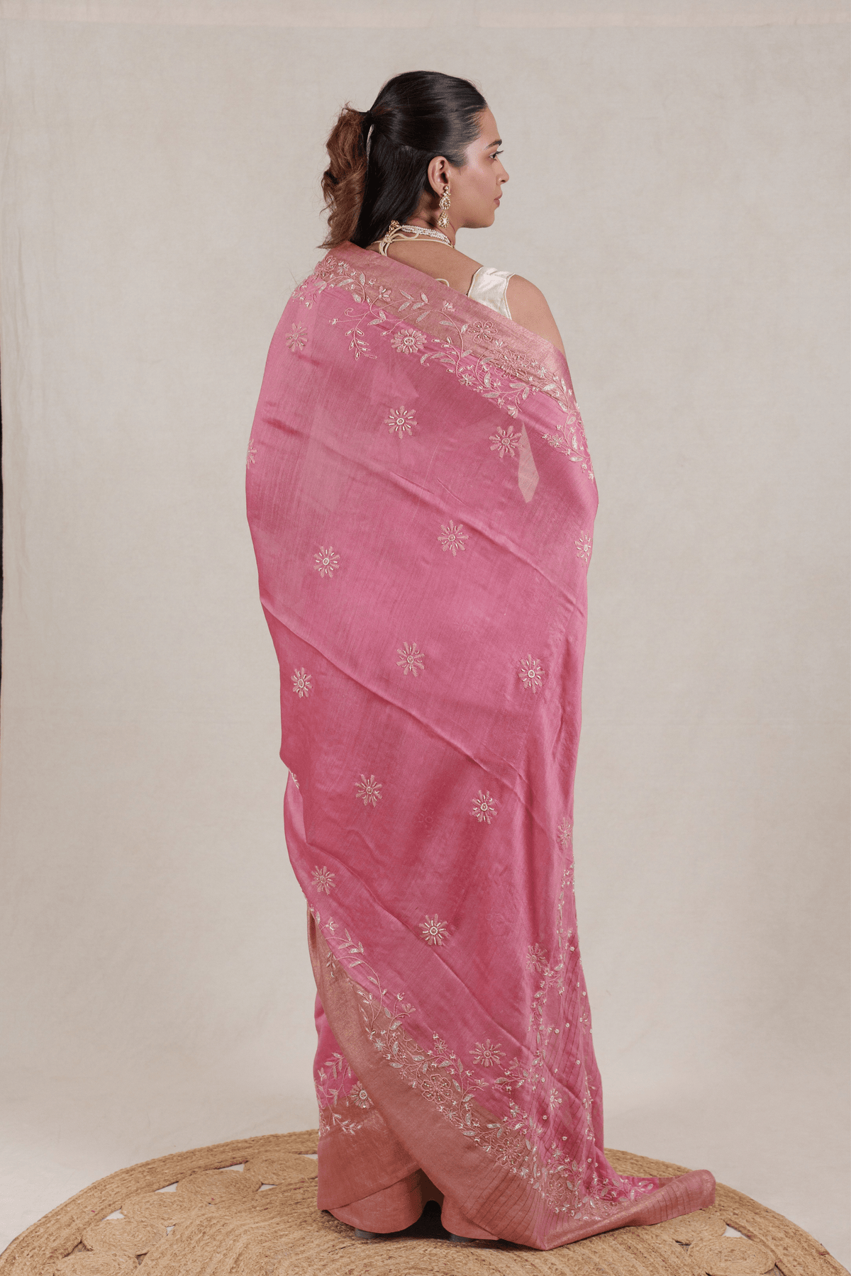 Rose Pink Moonga Chikankari Saree