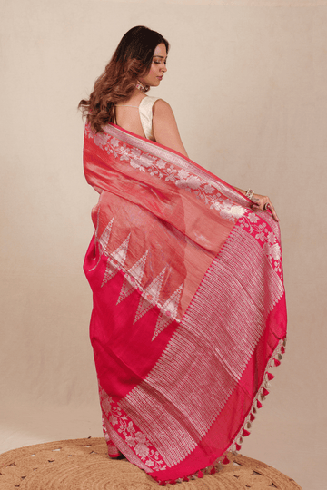 Barberry Red Tissue and Moonga Tussar Silk Banarasi Saree