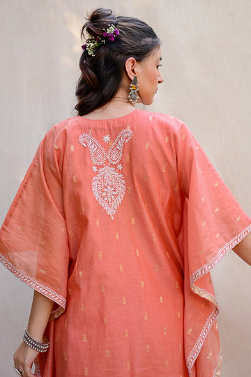 Peach Orange Banarasi Chanderi Chikankari Kaftan