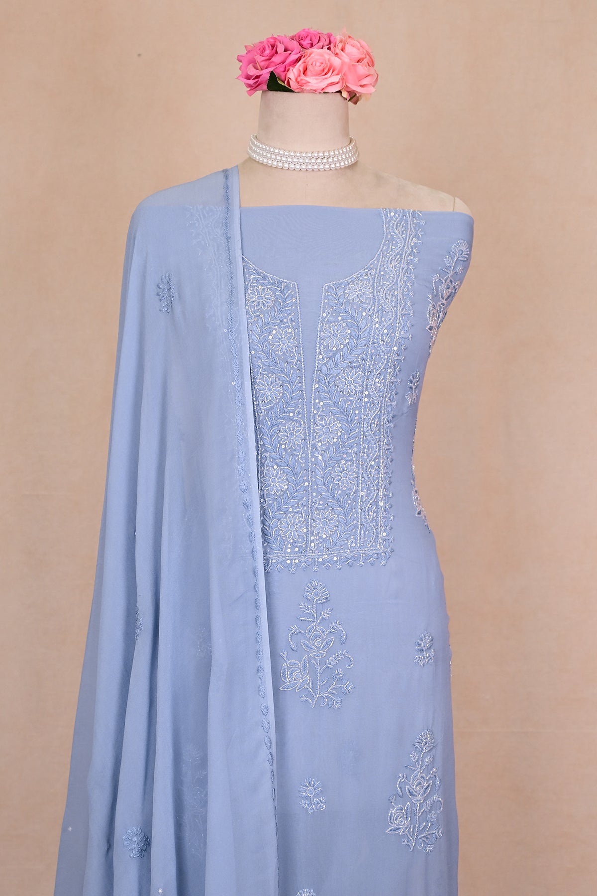 Blue Gray Viscose Georgette Chikankari Suit