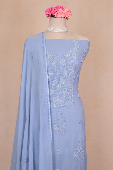 Blue Gray Viscose Georgette Chikankari Suit