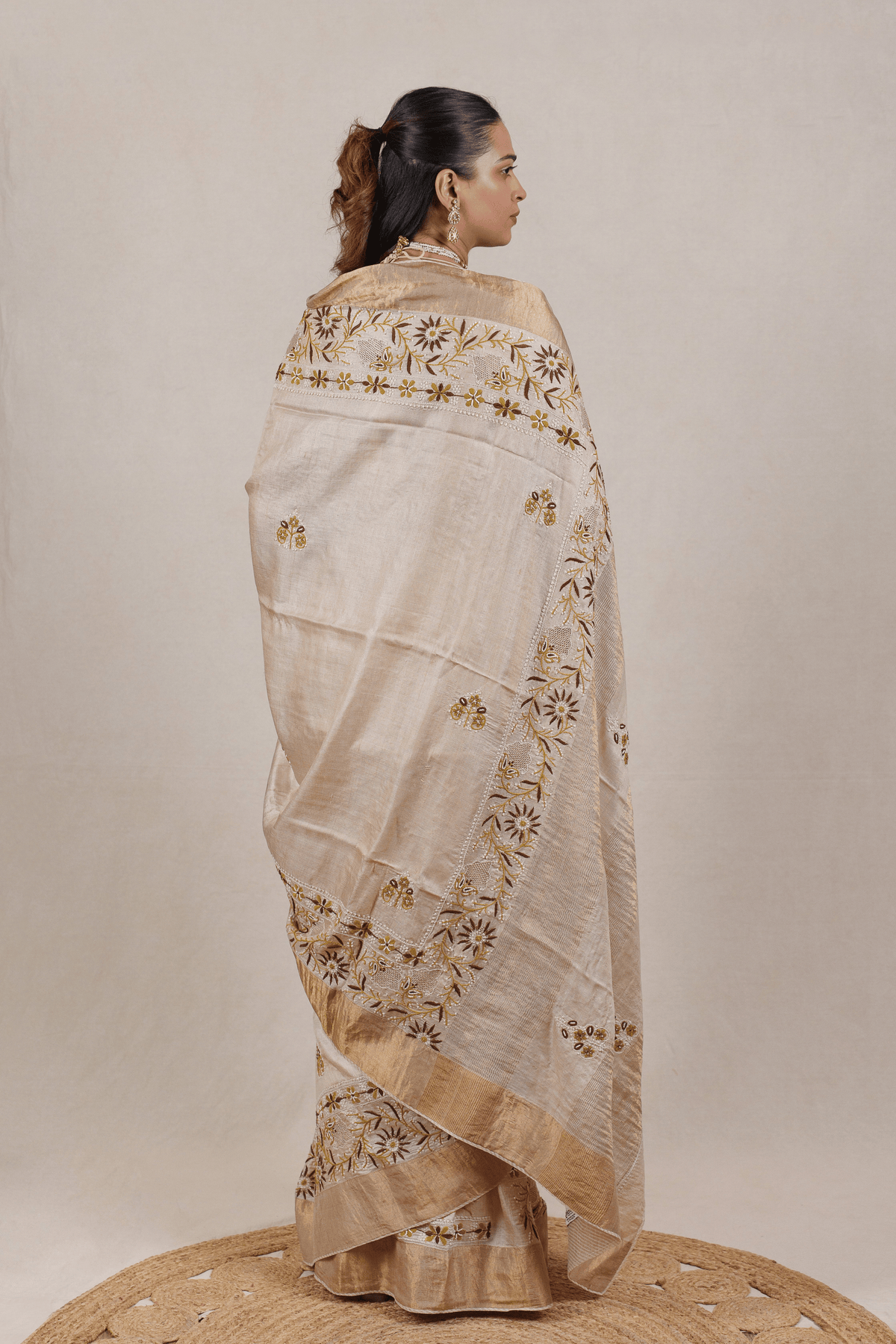 Beige Moonga Tussar Chikankari Saree