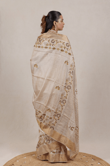 Beige Moonga Tussar Chikankari Saree