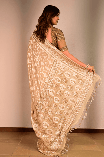 Champagne Gold Tissue Georgette Handcrafted Saree