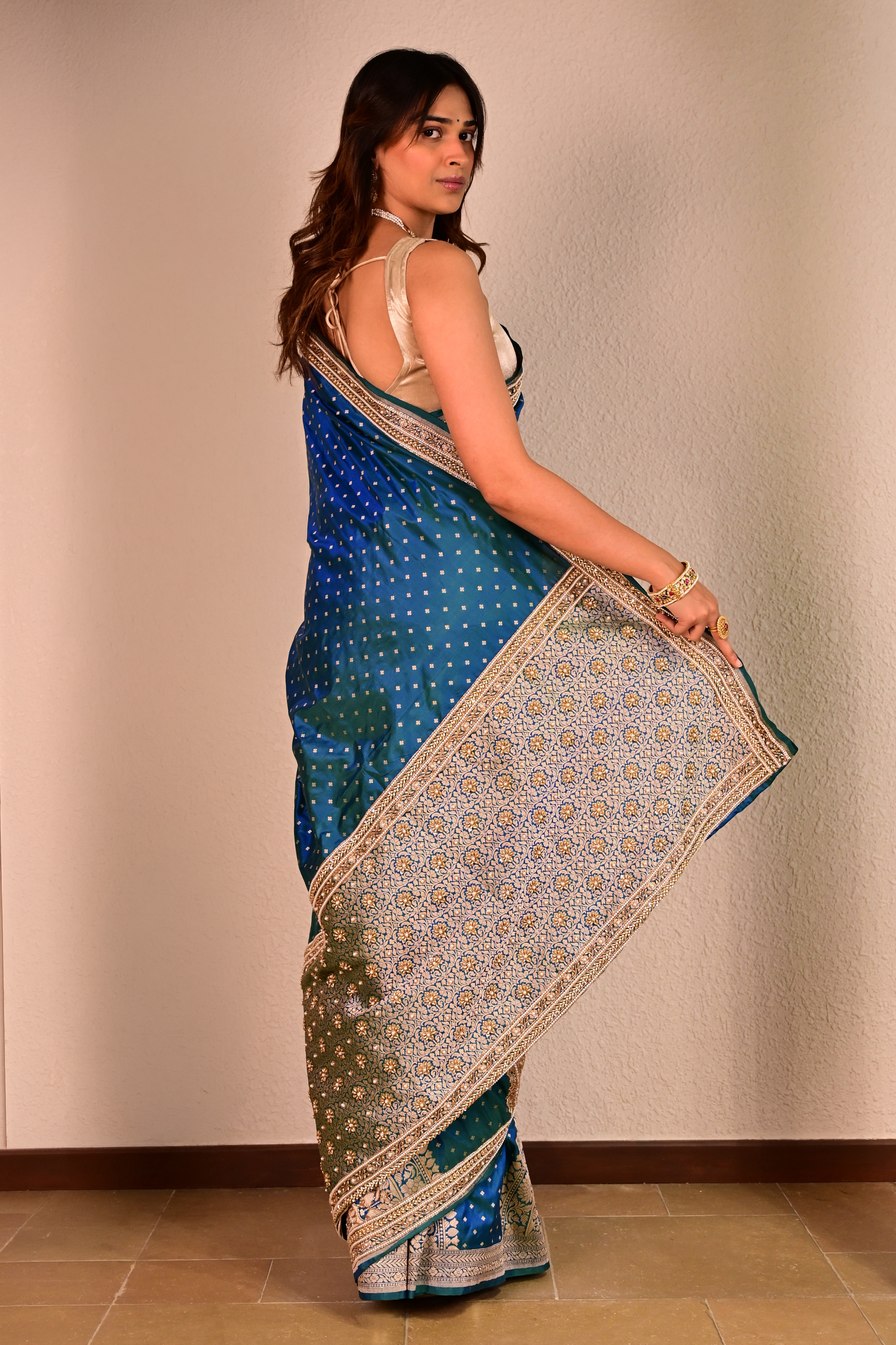 Peacock Blue Katan Silk Handcrafted Saree