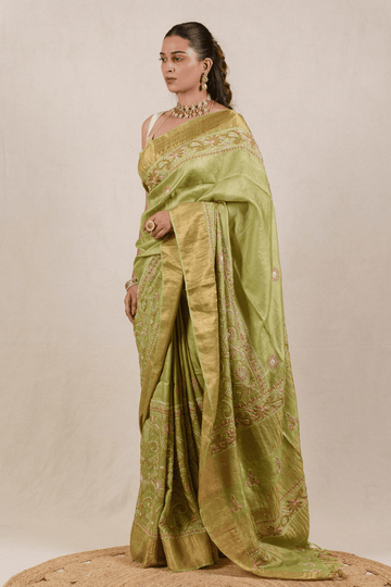 Grass Green Moonga Tussar Chikankari Saree