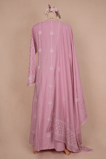 Rose Pink Moonga Chikankari Anarkali