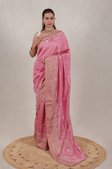 Rose Pink Moonga Chikankari Saree