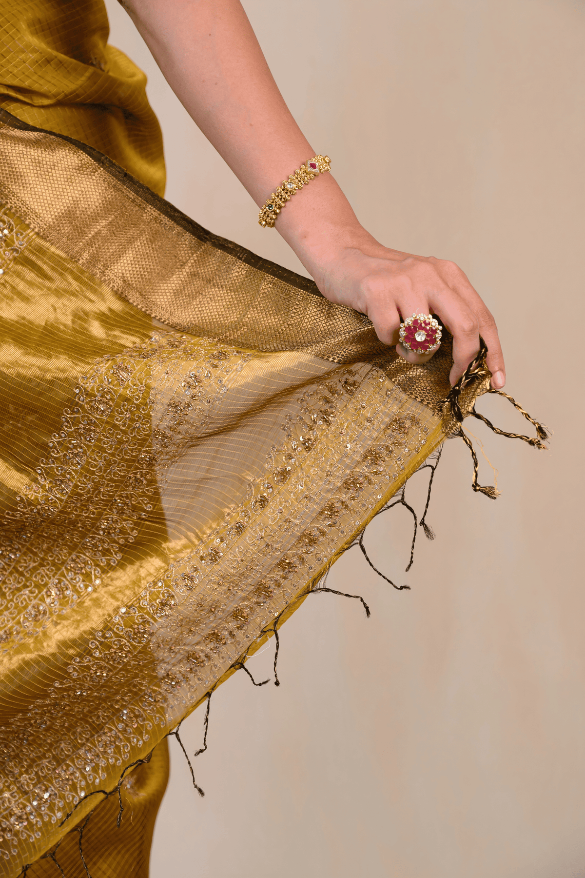 Warm Ochre Maheshwari Silk Zardozi Saree