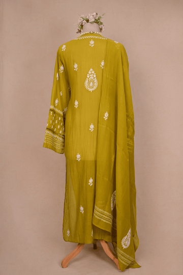 Parrot Green Mul Chanderi Chikankari Suit