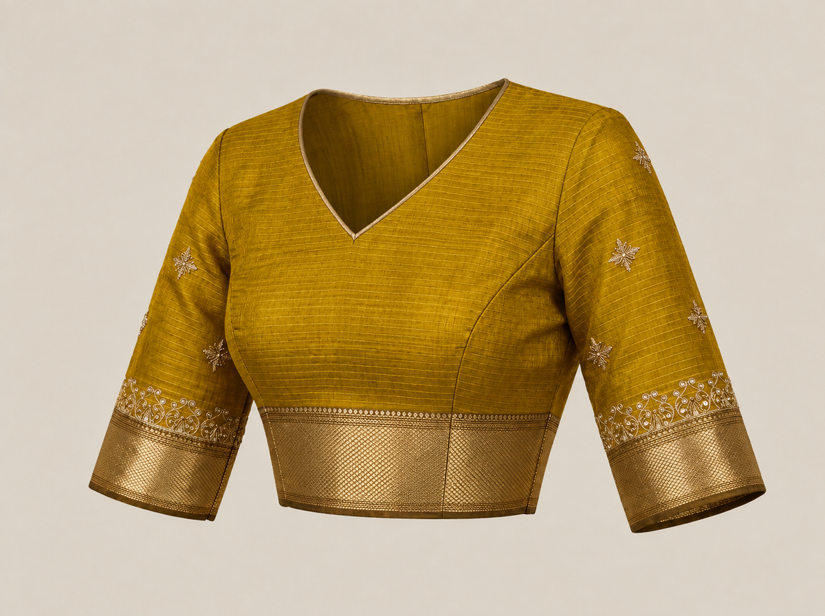 Warm Ochre Maheshwari Silk Zardozi Saree