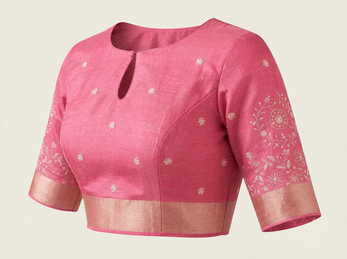 Rose Pink Moonga Chikankari Saree