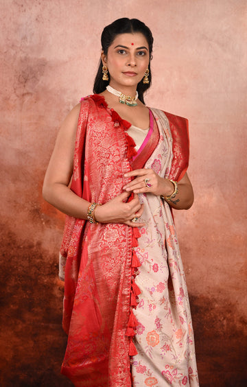 Warm Ivory Tussar Gerogette Banarasi Saree