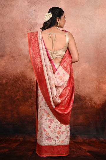 Warm Ivory Tussar Gerogette Banarasi Saree